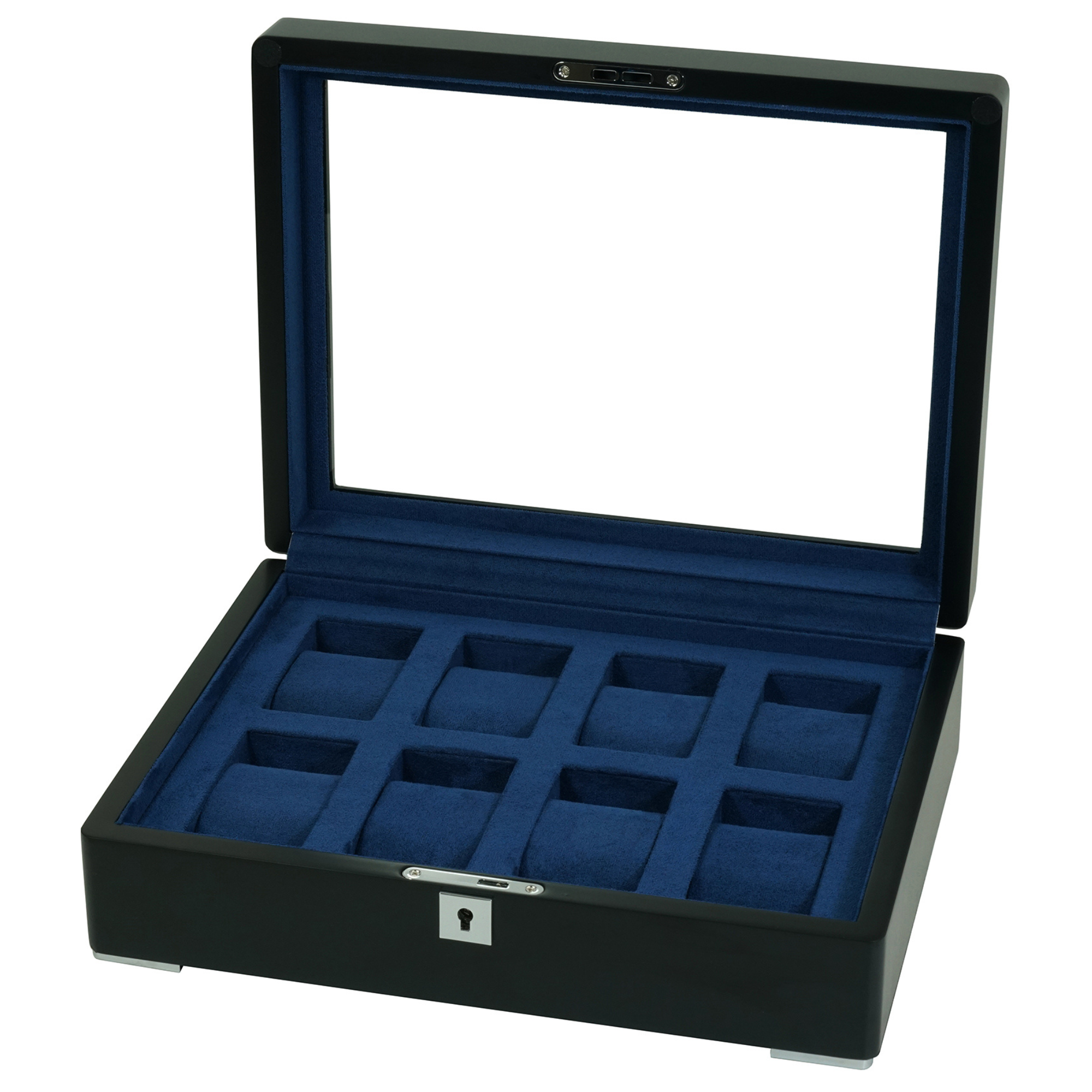8 Slot Black Wooden Watch Box with Blue Interior