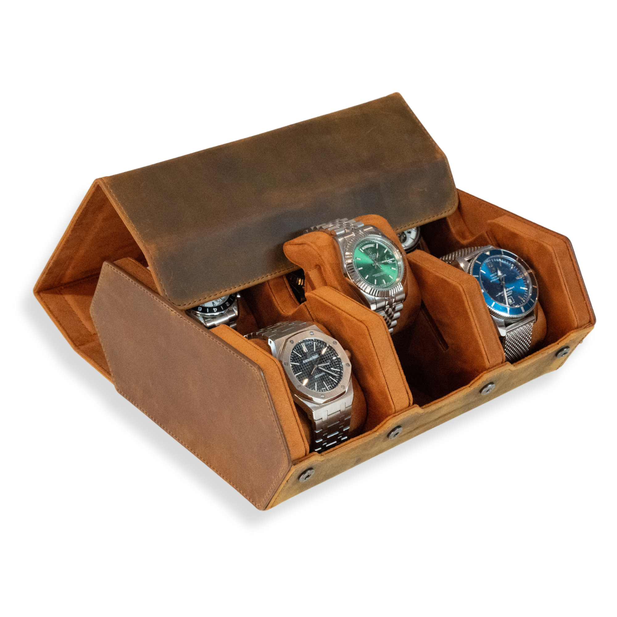 Seconds - Hex Leather Watch Roll 6 Slots in Saddle Leather/Brown