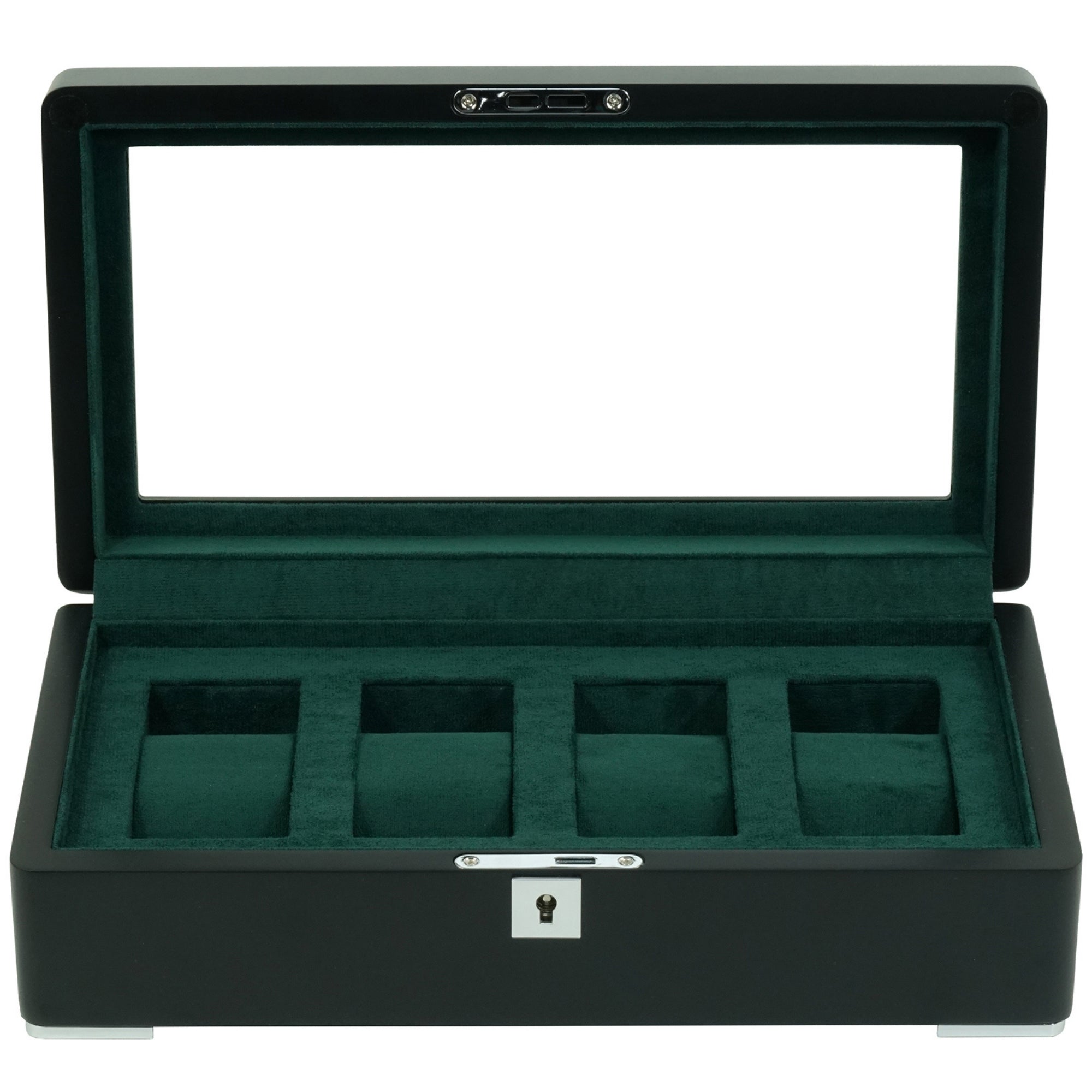 4 Slot Black Wooden Watch Box with Green Interior