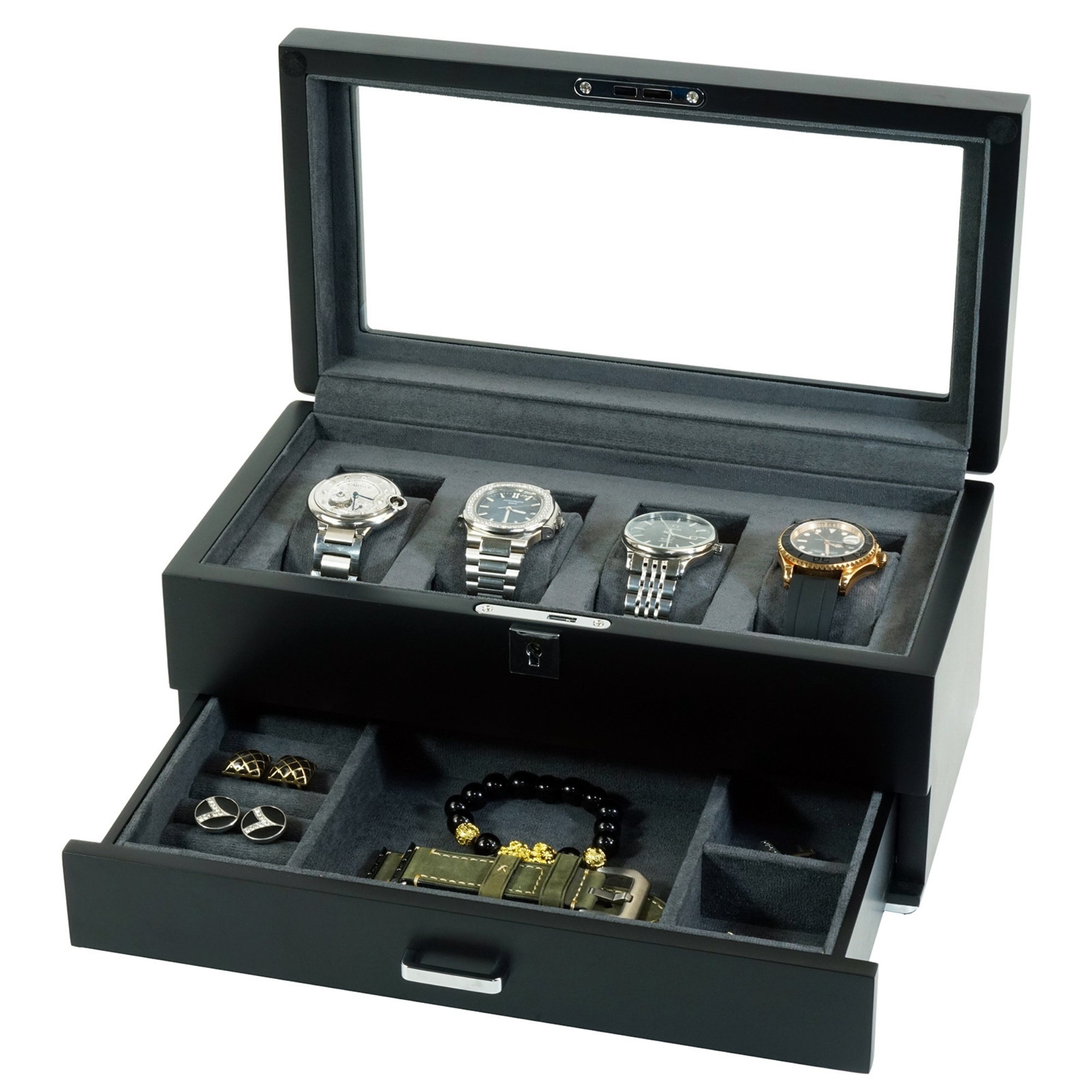 4 Slots Wooden Watch Box with Charcoal Interior and Drawer