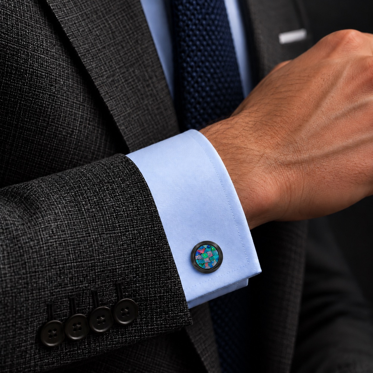 Opal Brushed Black Round Cufflinks