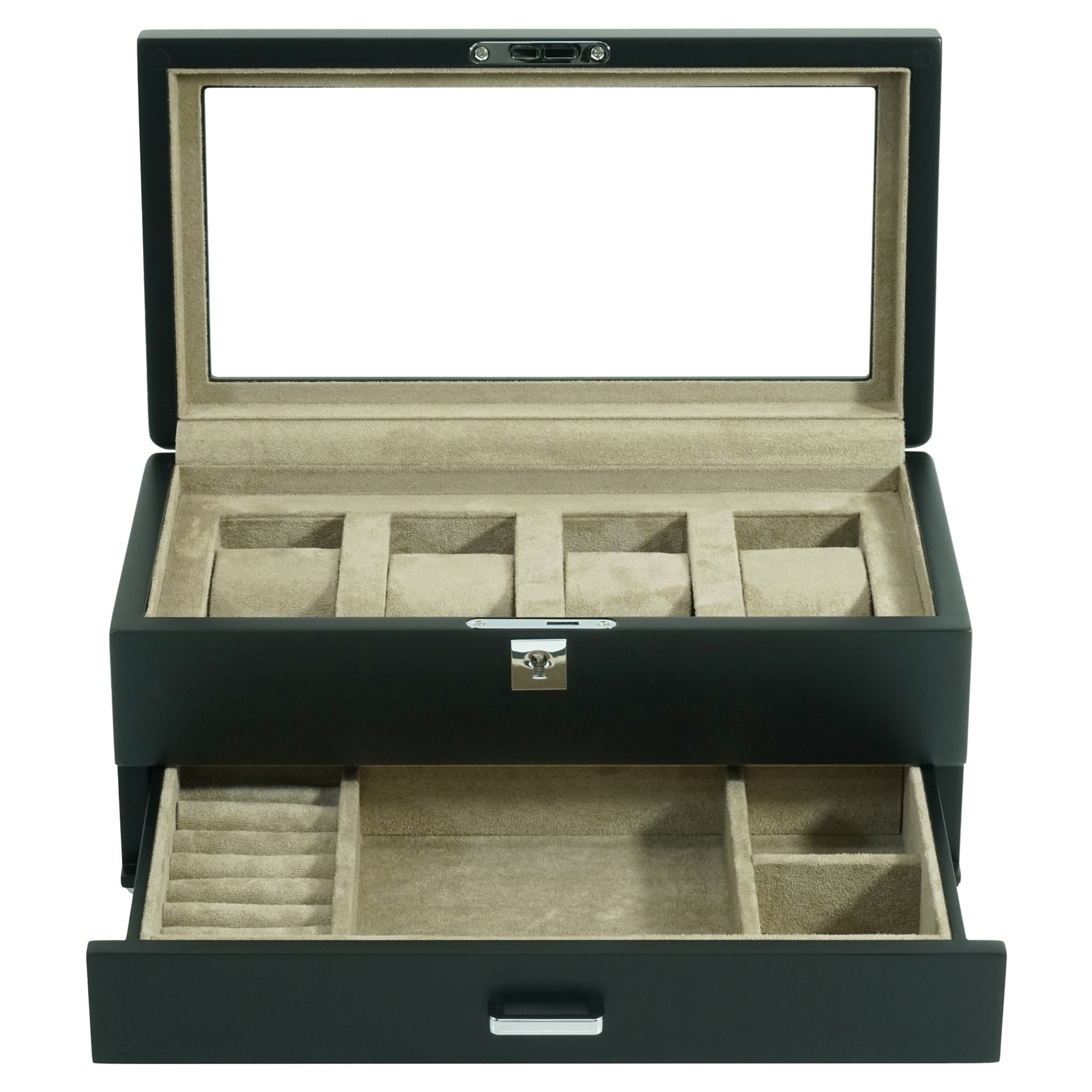 4 Slots Wooden Watch Box with Taupe Interior and Drawer