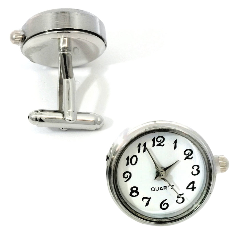 Round White Faced Working Clock Watch Silver Cufflinks