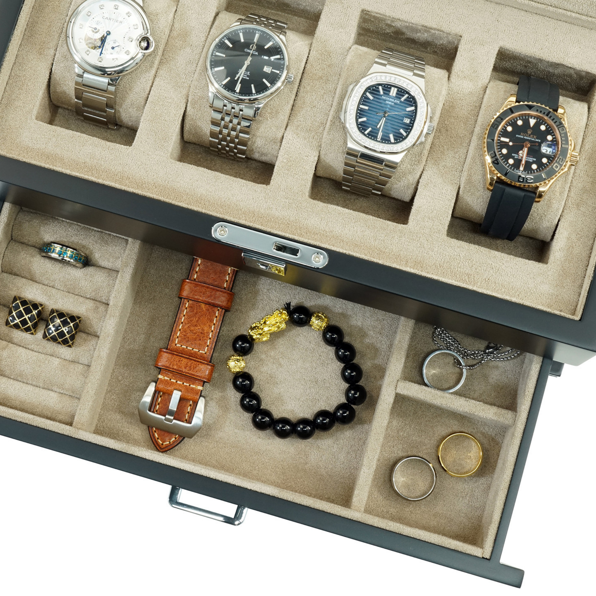 4 Slots Wooden Watch Box with Taupe Interior and Drawer