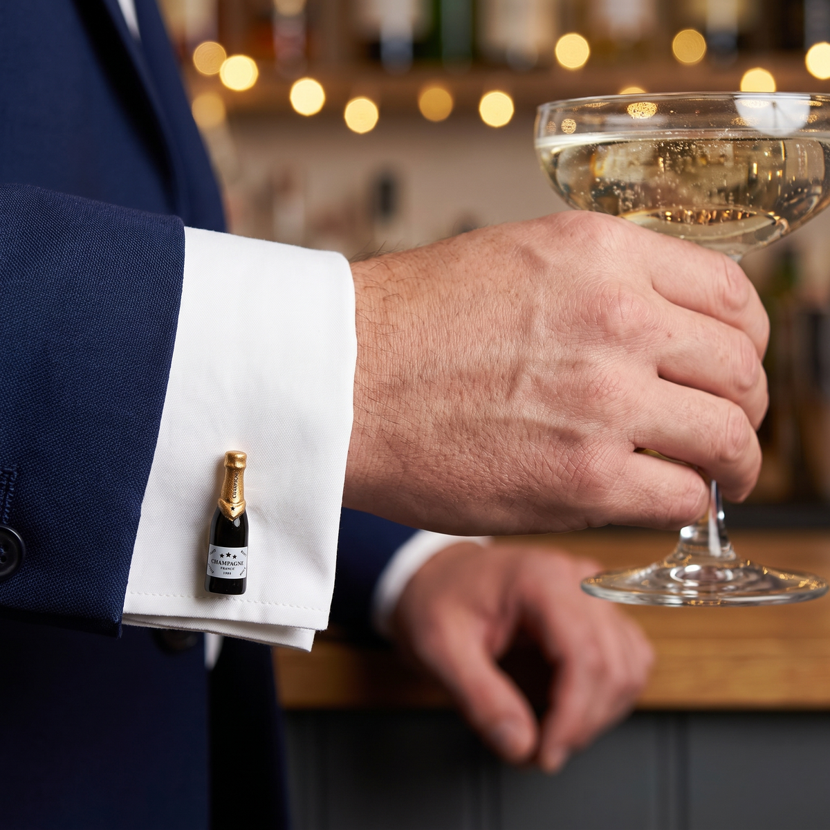"Cheers" Champagne Gold Cufflinks — lifestyle shot