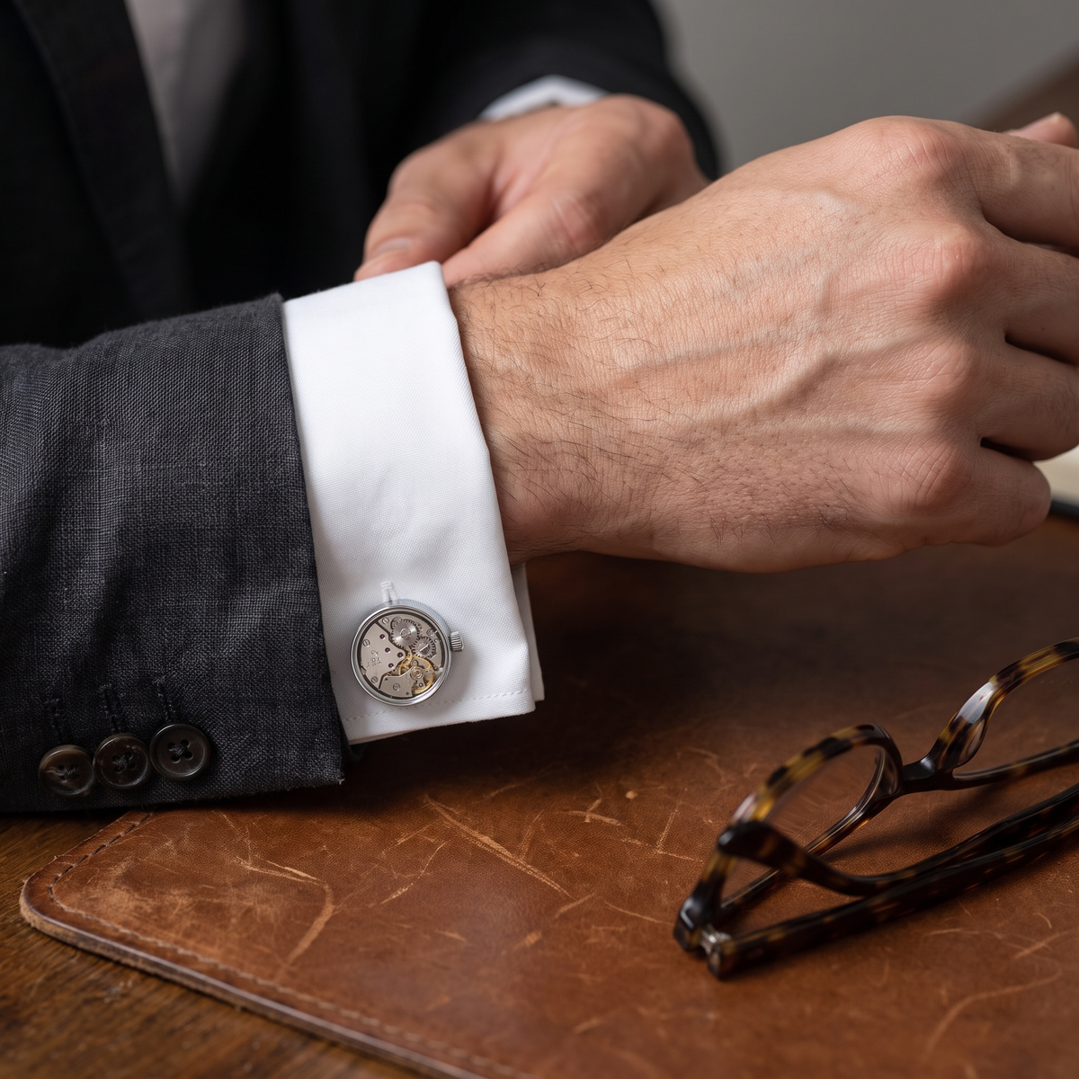 Working Watch Movement Steampunk Cufflinks Silver — lifestyle shot