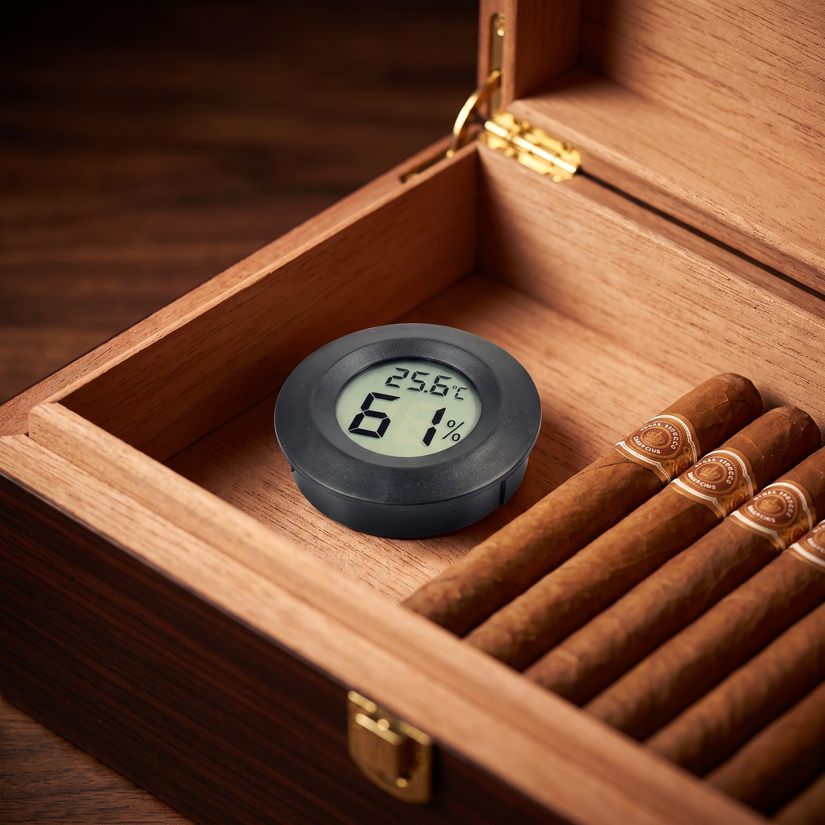 Basic Black Round Hygrometer Gauge for Cigars — lifestyle shot