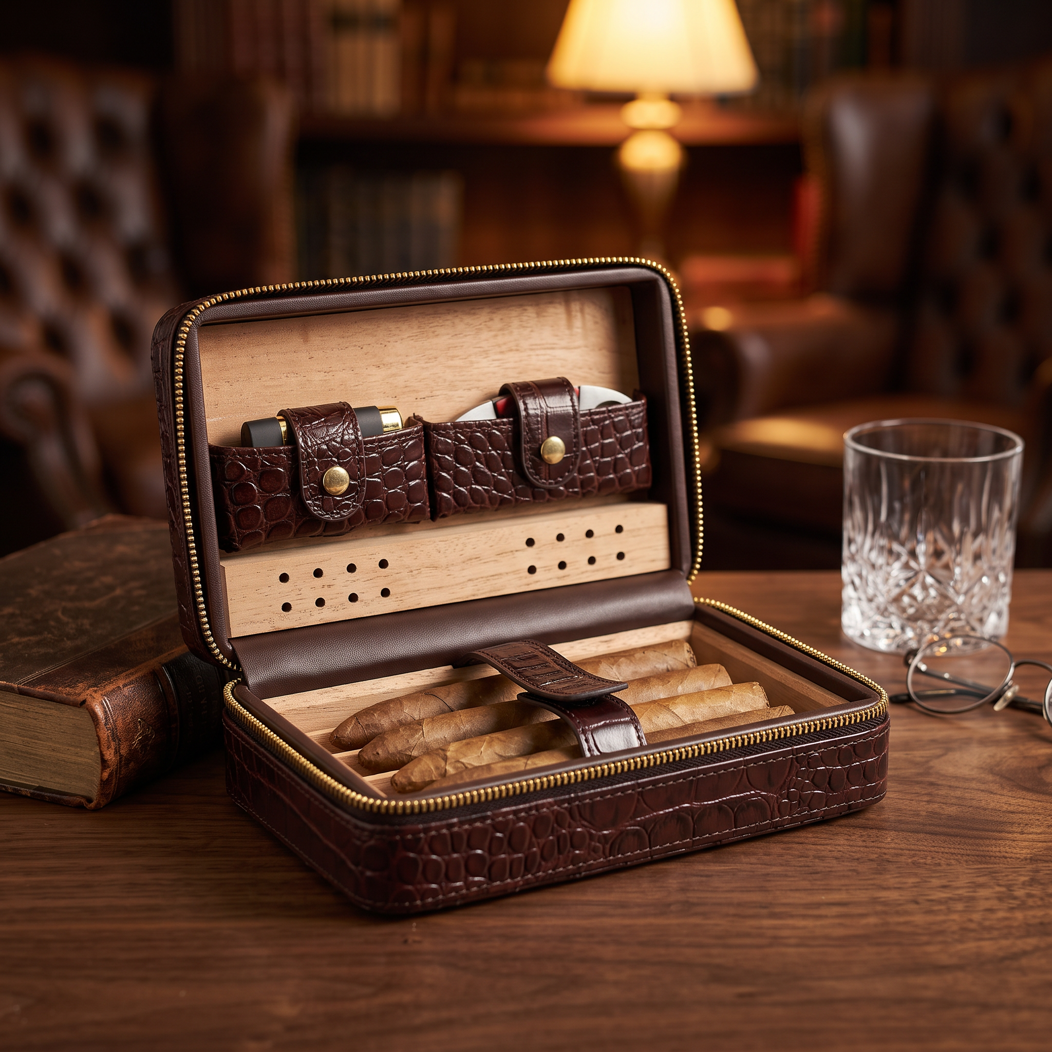 Dark Brown Cigar Humidor Leather Case for Cigars — lifestyle shot