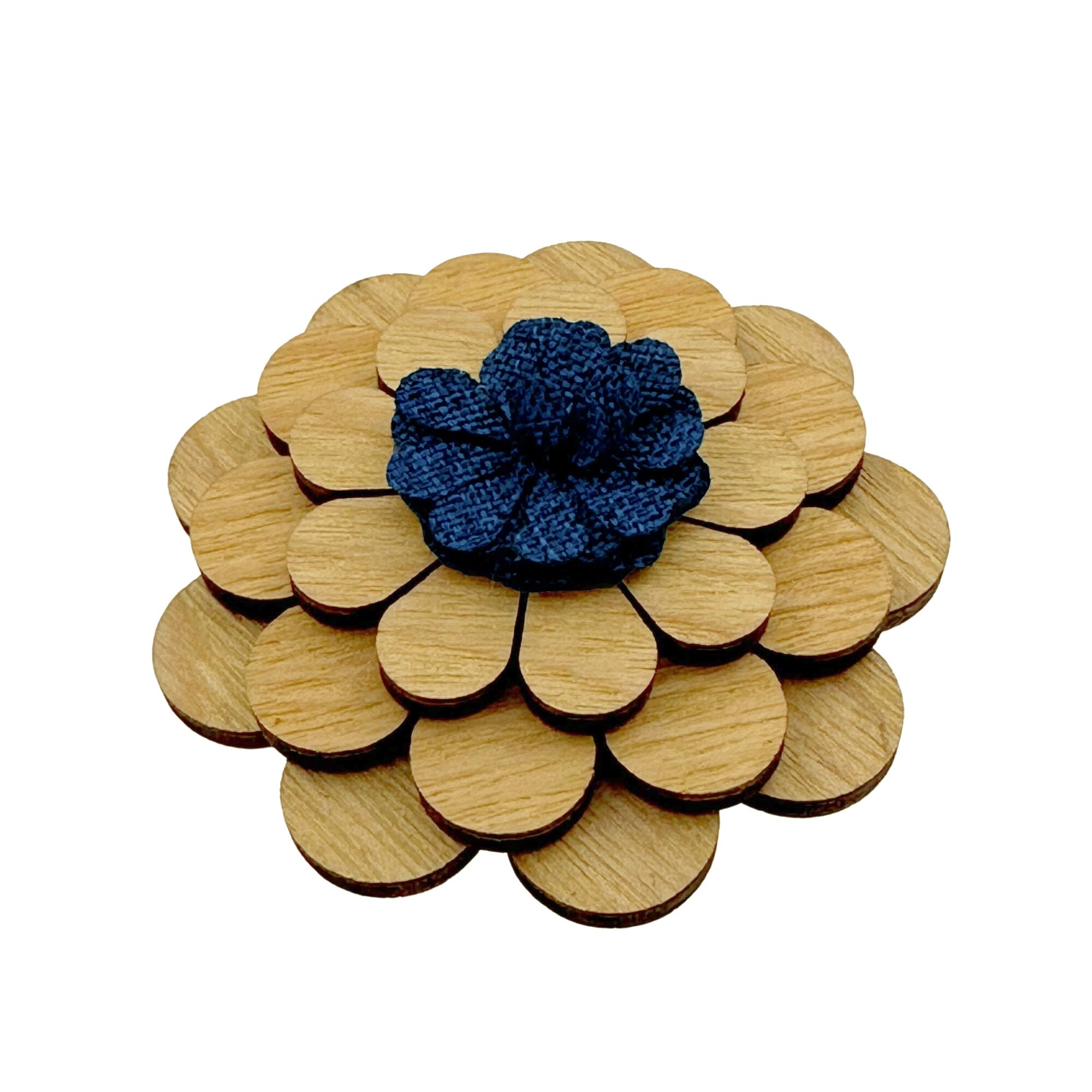 Wooden Flower with Blue Fabric Centre Lapel Pin Lapel Pin Clinks