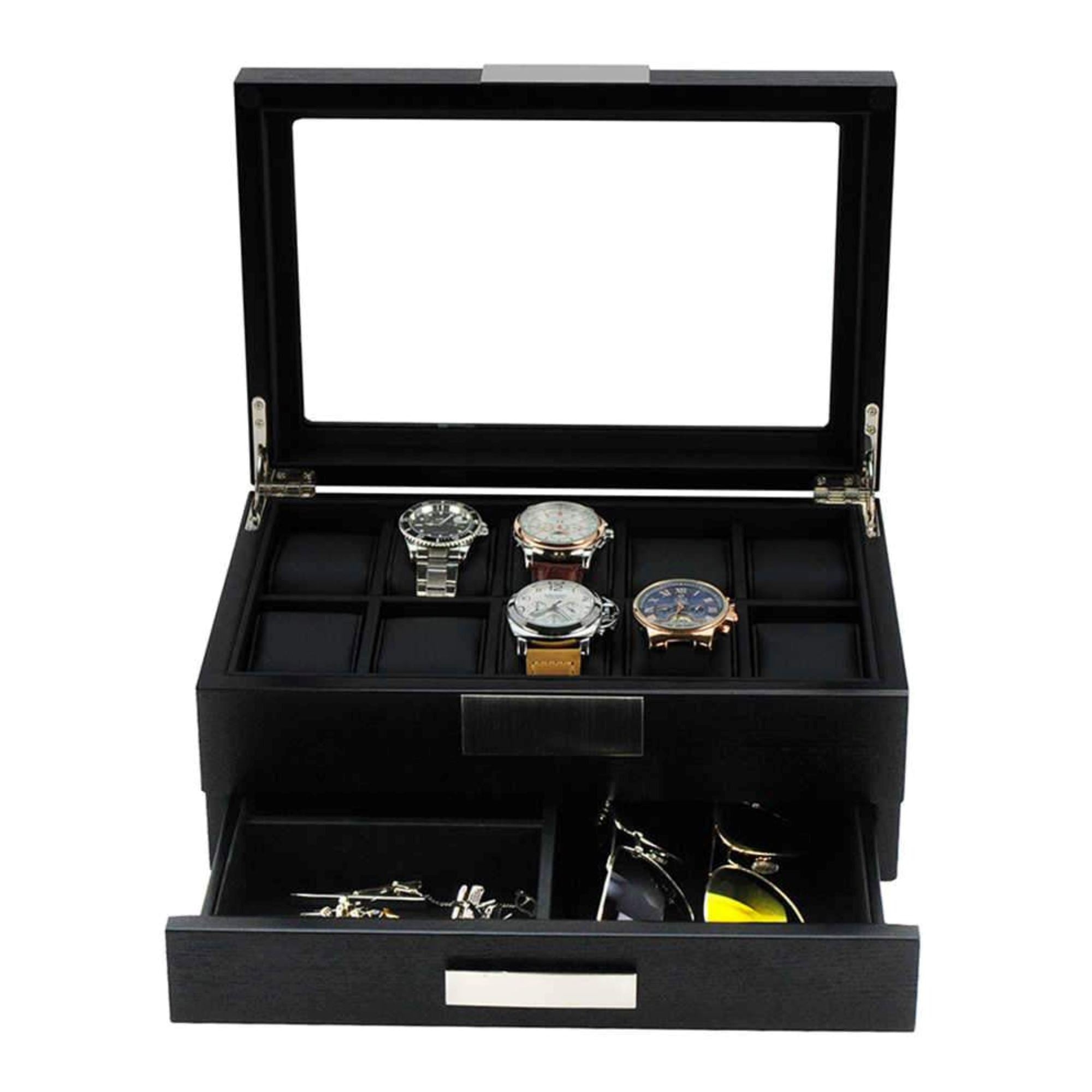 Seconds - Black Wooden Watch Box for 10 Watches with a Drawer (a) Seconds Clinks