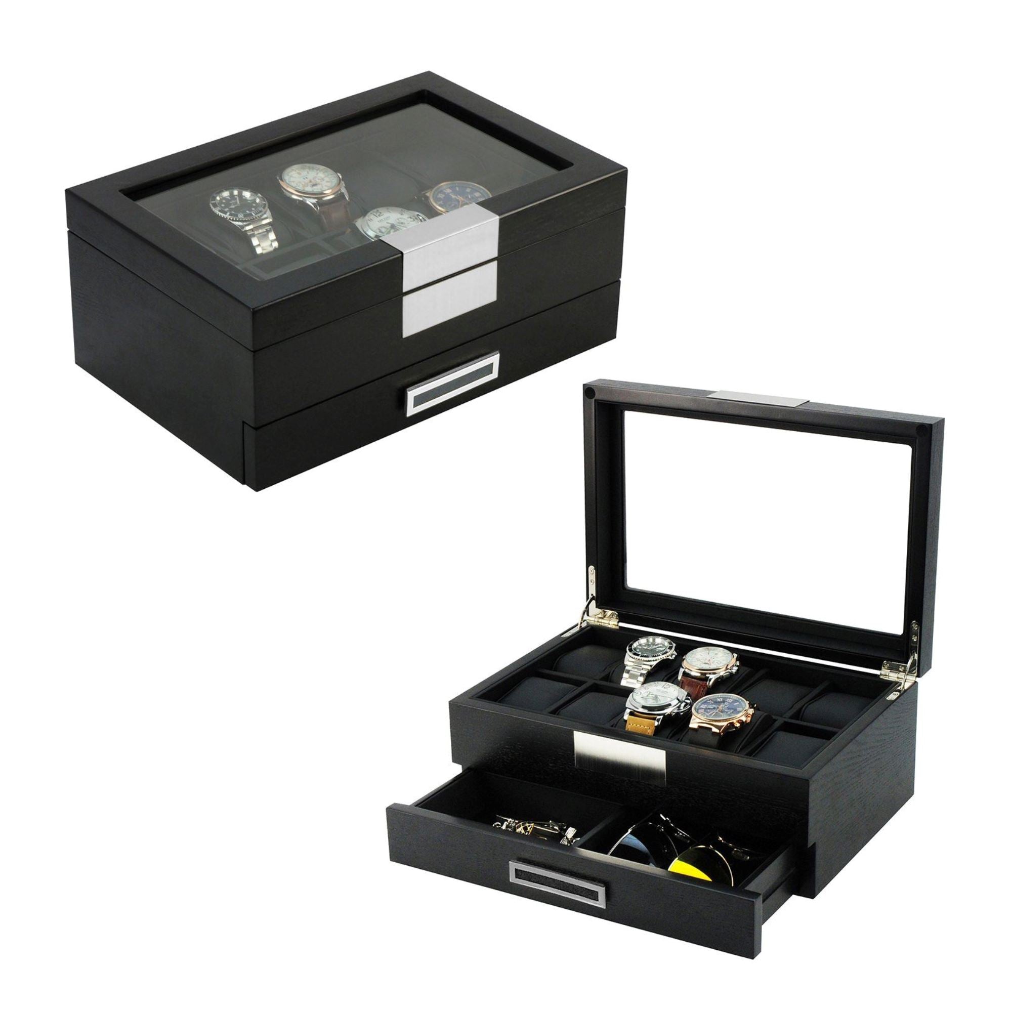 Seconds - Black Wooden Watch Box for 10 Watches with a Drawer (a) Seconds Clinks