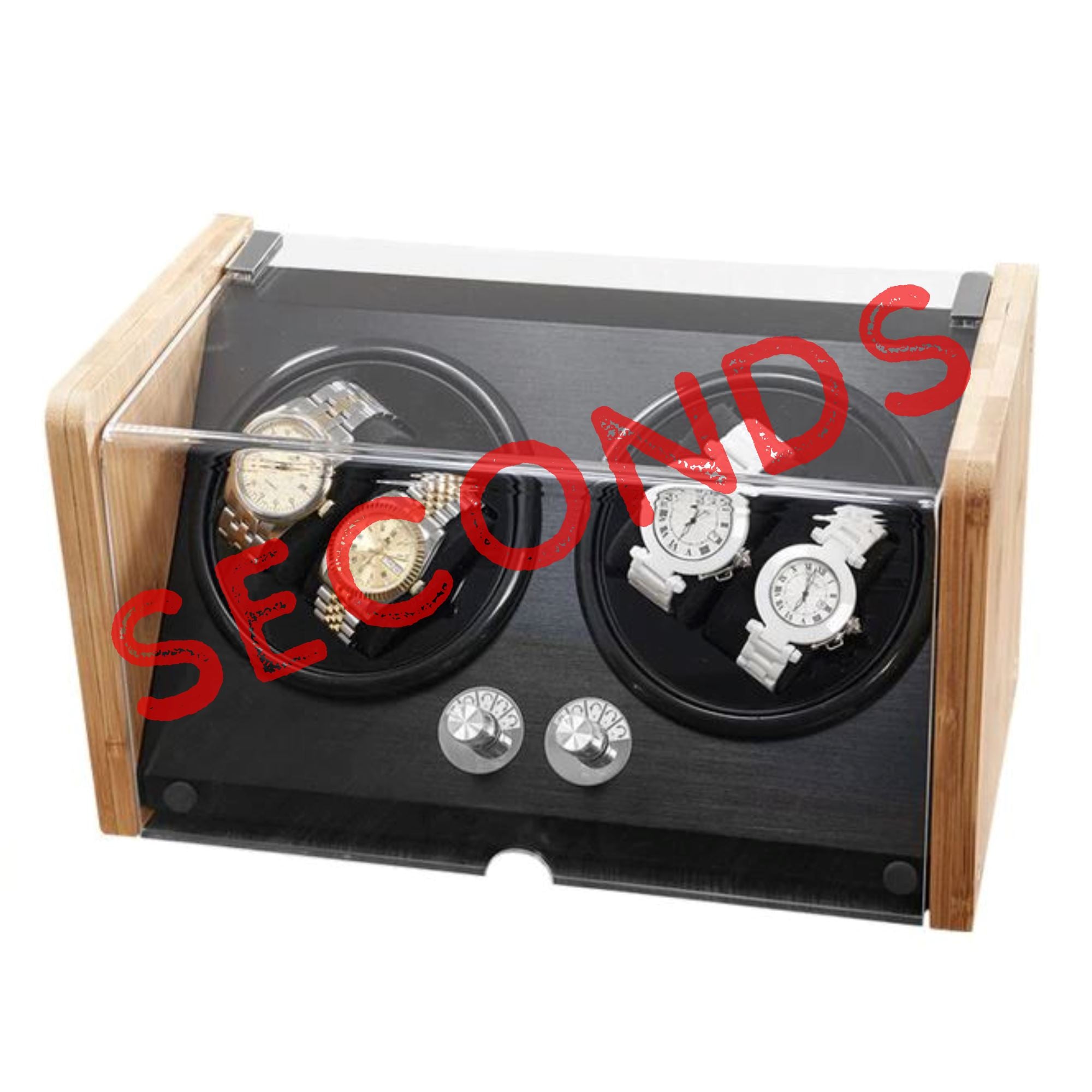 Seconds - BLAQ Bamboo/Black Watch Winder Box for 4 Watches (a) Seconds Clinks