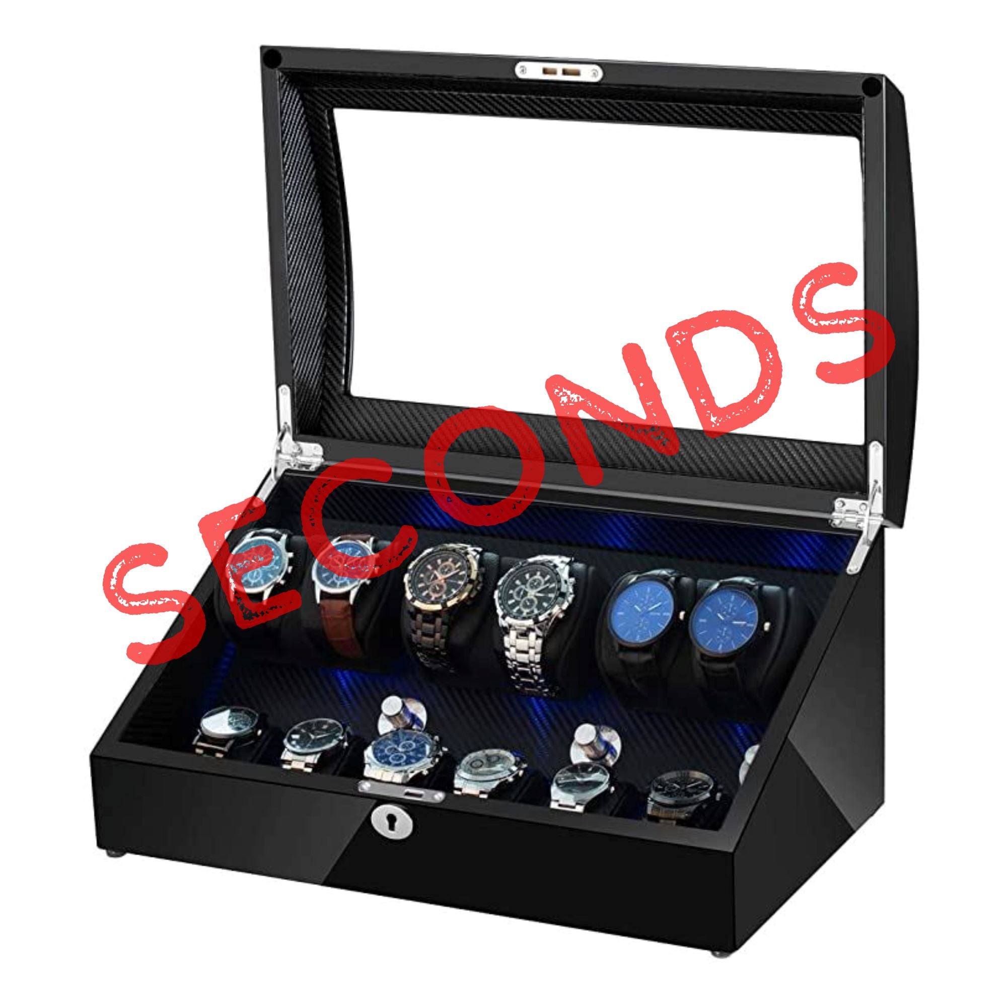 Seconds - Avoca Watch Winder Box 6 + 6 Watches in Black with Carbon Fibre Interior (c) Seconds Clinks