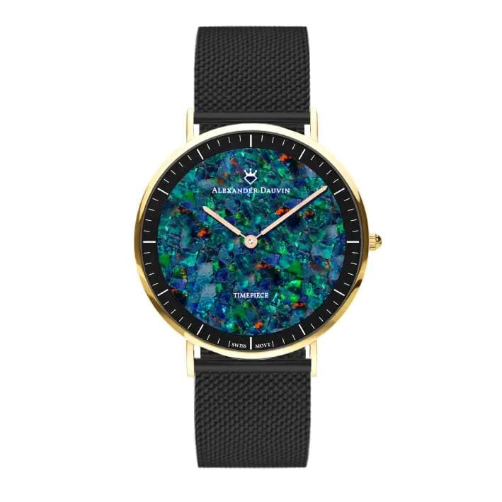 Roland Cliff Red Swiss Opal Watch 40MM with Black Mesh Strap Watches Clinks