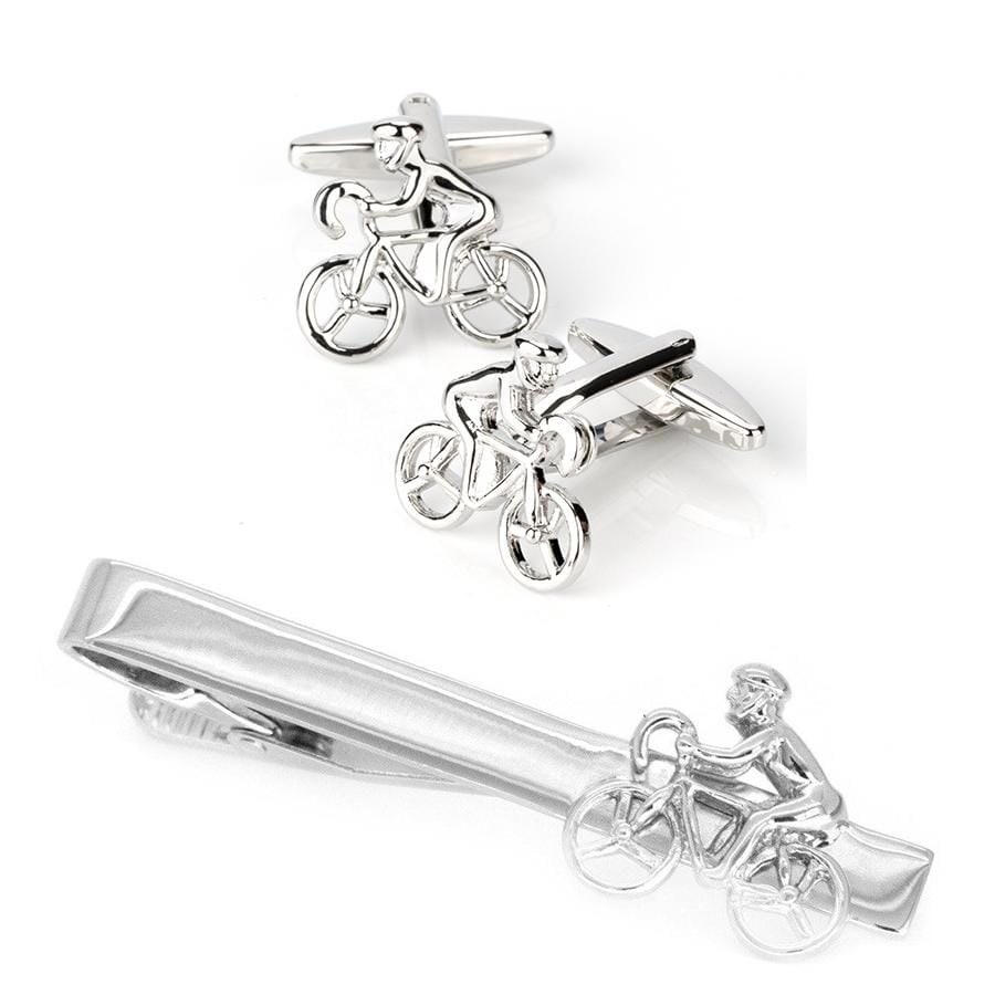 Bicycle Cyclist Silver Cufflinks & Tie Clip Set Gift Set Clinks Australia Default