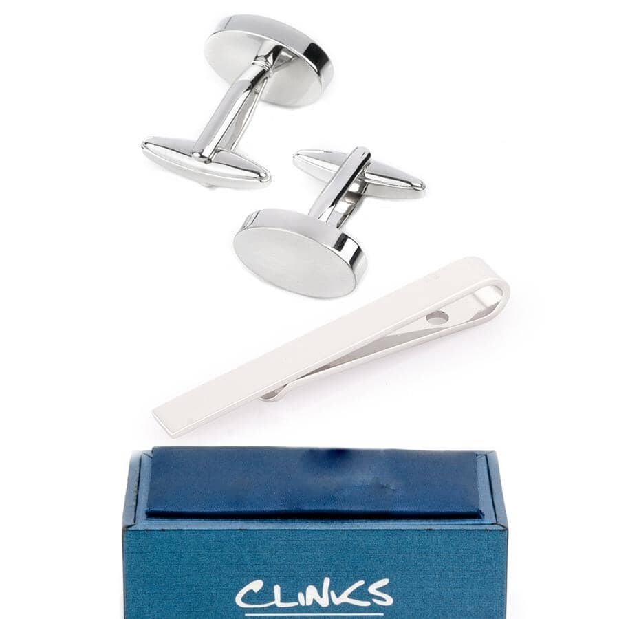 Silver Oval Engravable Cufflinks & Tie Bar Set Gift Set Clinks Australia