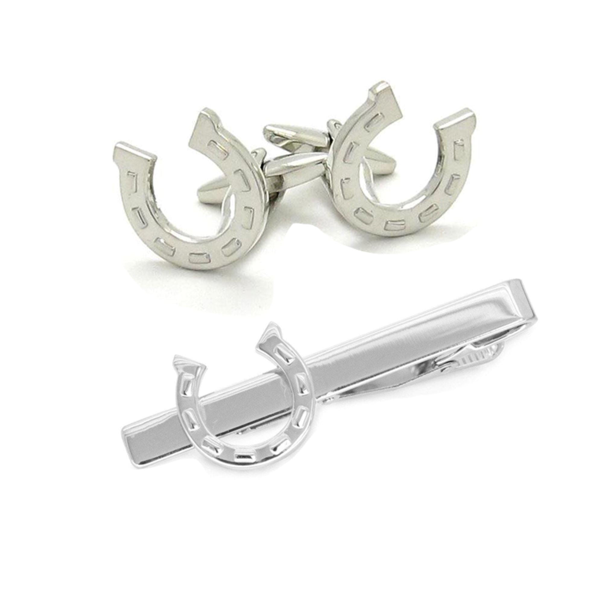 Horseshoe Silver Cufflinks & Tie Clip Set Gift Set Clinks Australia Default