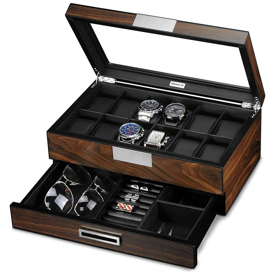 12 Slots Watch Box with Drawer in Ebony Wood