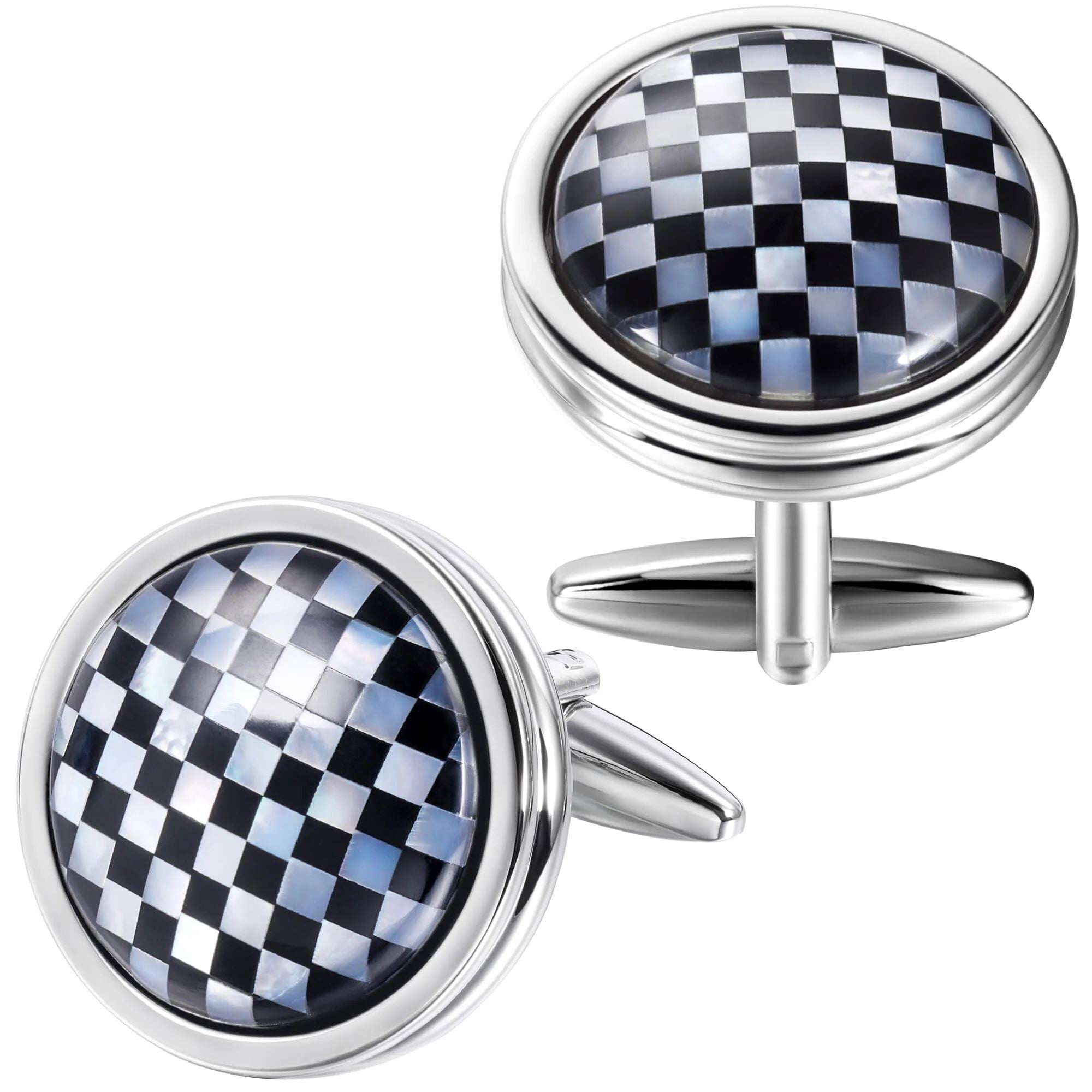Mother of Pearl and Black Checkerboard in Round Silver Cufflinks Classic & Modern Cufflinks Clinks Australia