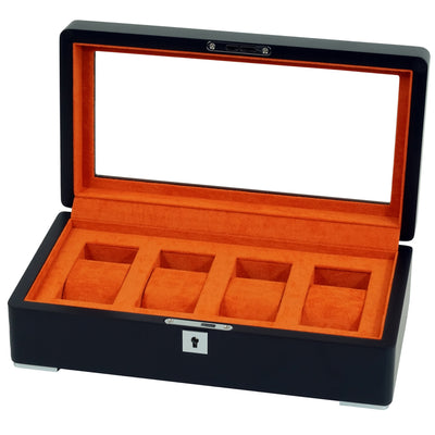 4 Slot Black Wooden Watch Box with Orange Interior