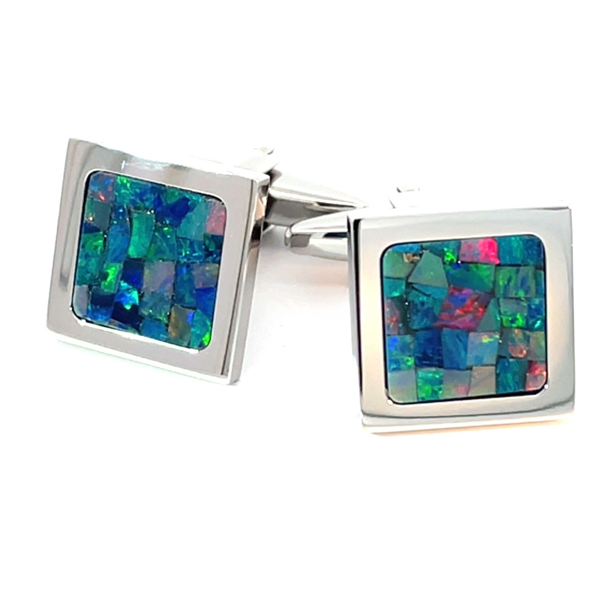 Australian Square Opal Cufflinks (Green Shiny Silver)