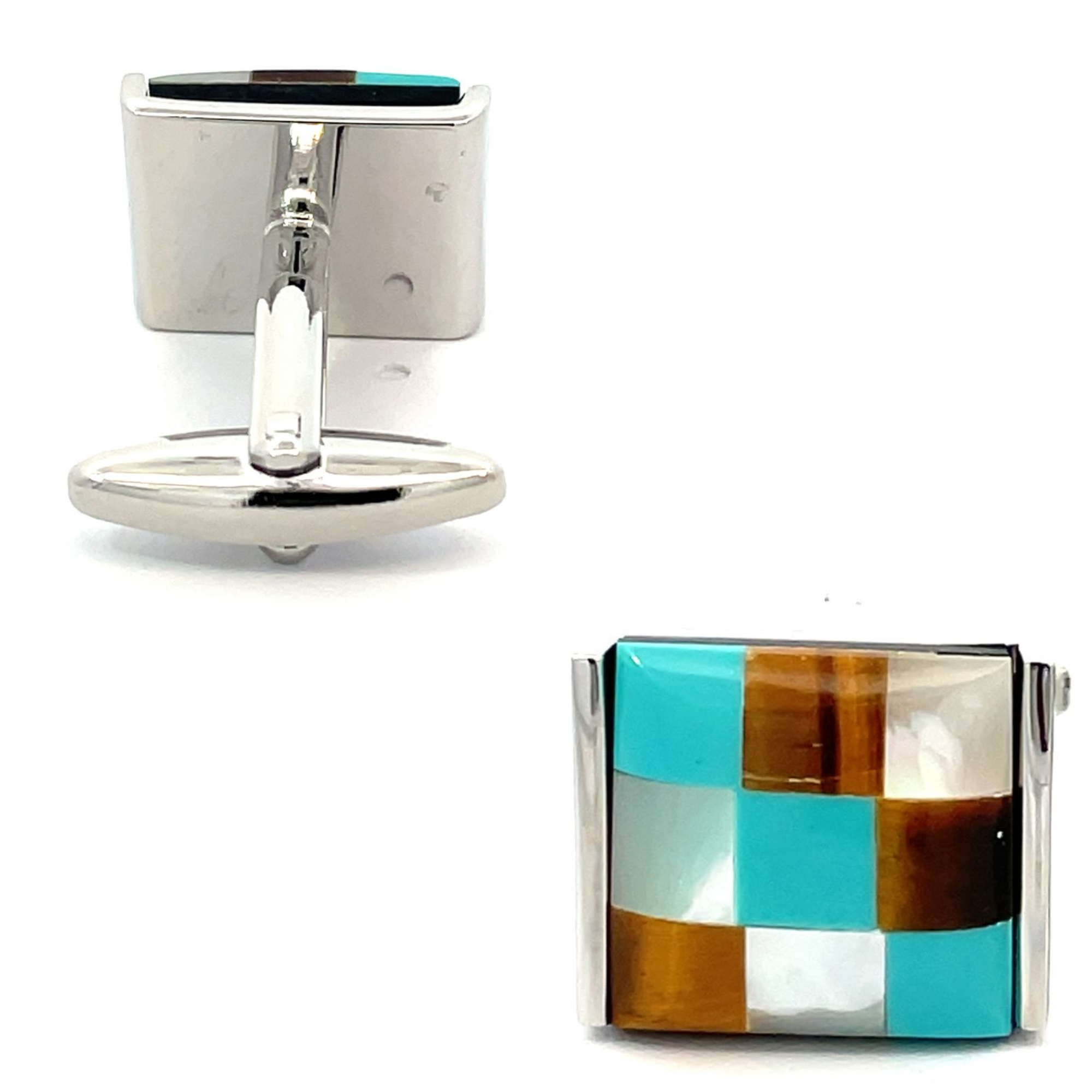 Patchwork Catseye Cufflinks: Brown, AquaWhite