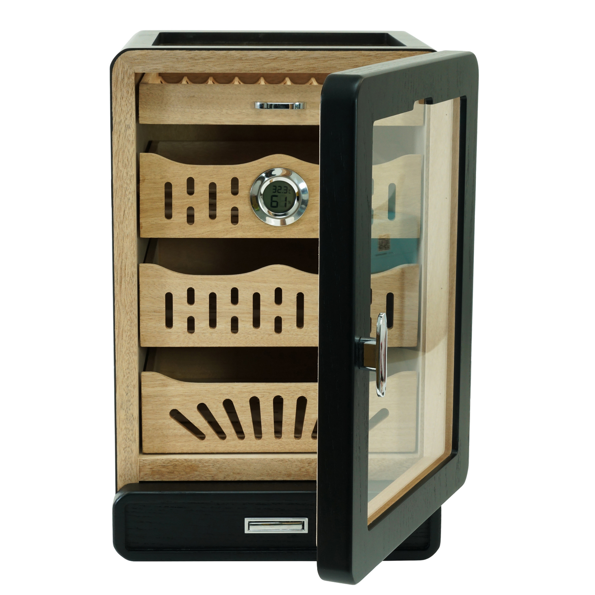 200 CT Black Wooden with Glass Top Cabinet for Cigars