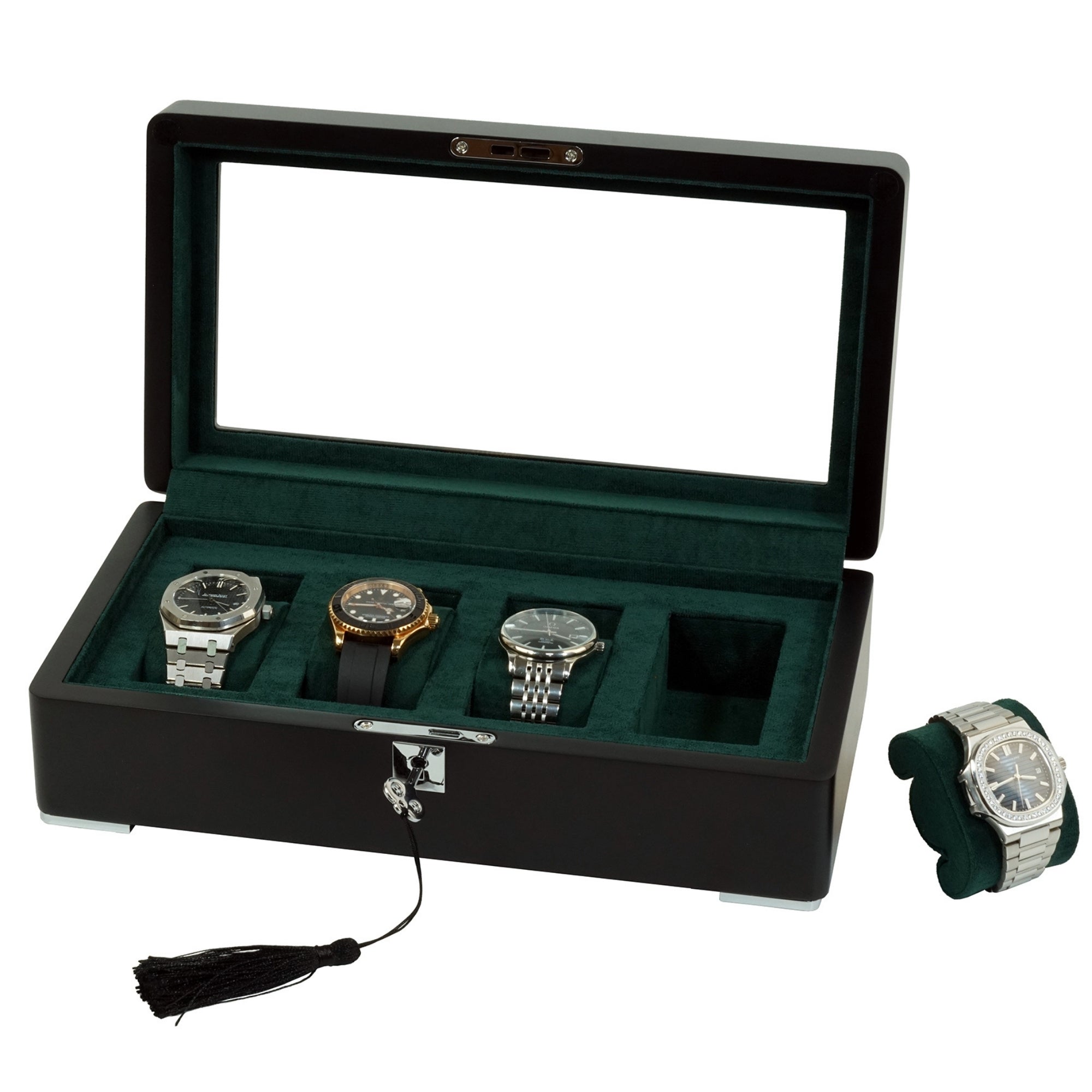 4 Slot Black Wooden Watch Box with Green Interior
