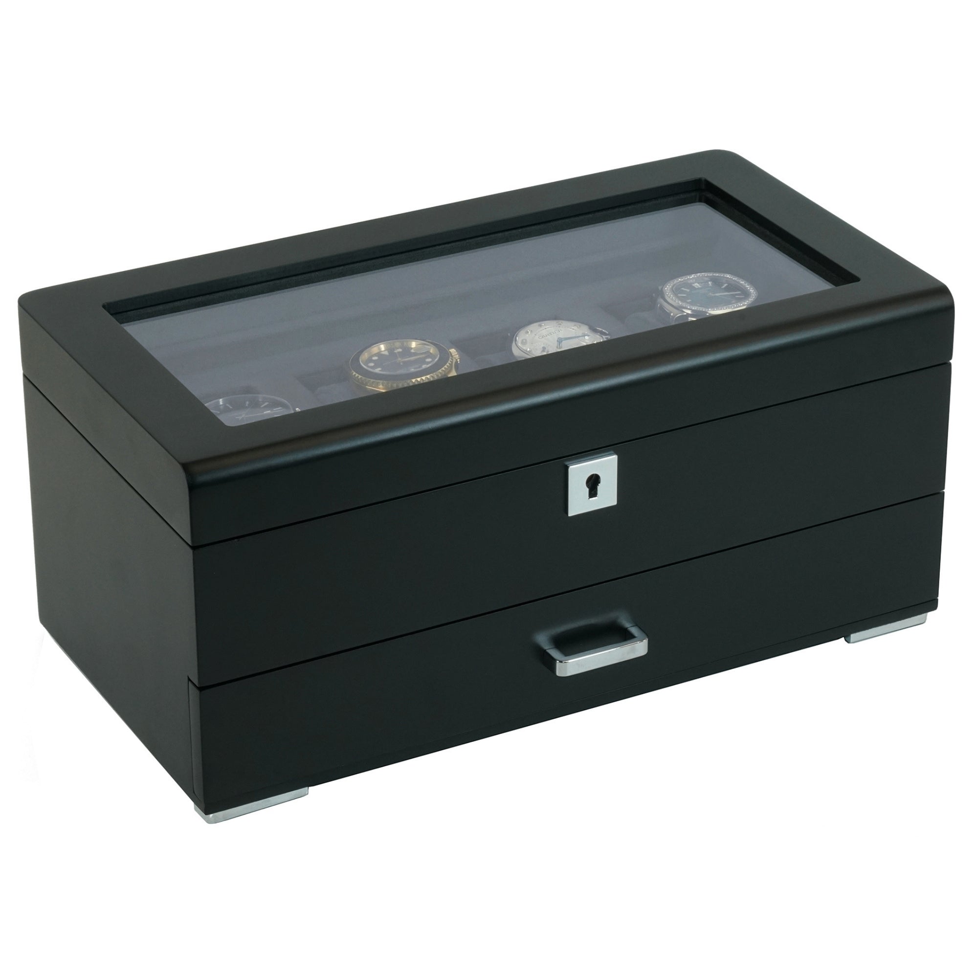 4 Slots Wooden Watch Box with Charcoal Interior and Drawer