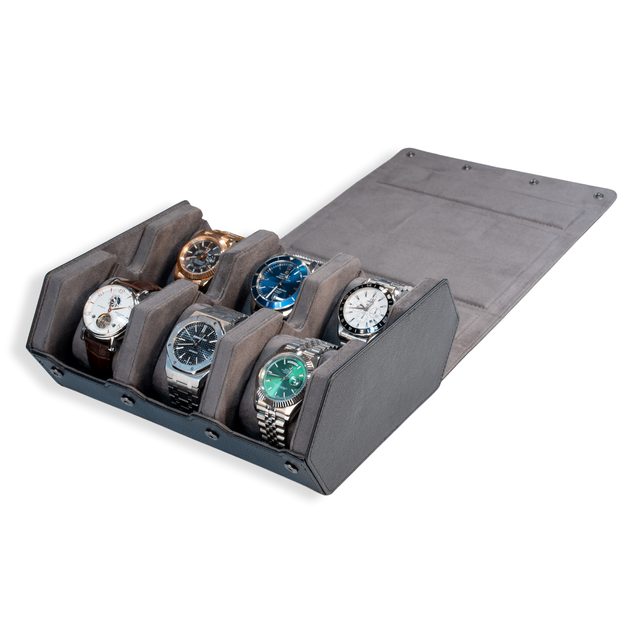 Seconds - Hex Leather Watch Roll 6 Slots in Black/Charcoal