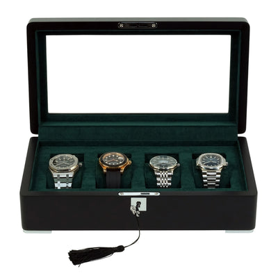4 Slot Black Wooden Watch Box with Green Interior