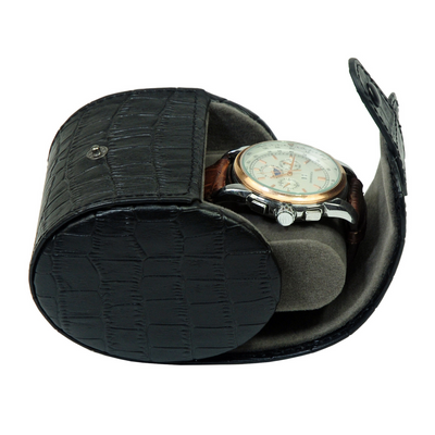 Travel Watch Roll Case for 1 in Black Genuine Leather
