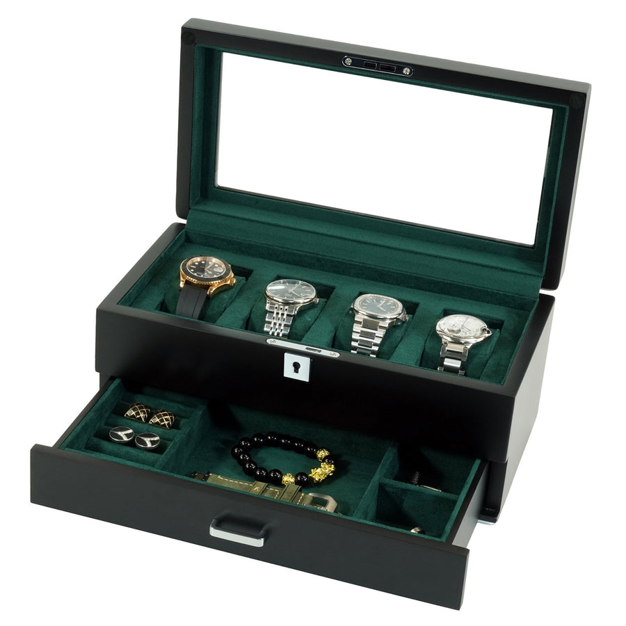 4 Slots Wooden Watch Box with Green Interior and Drawer