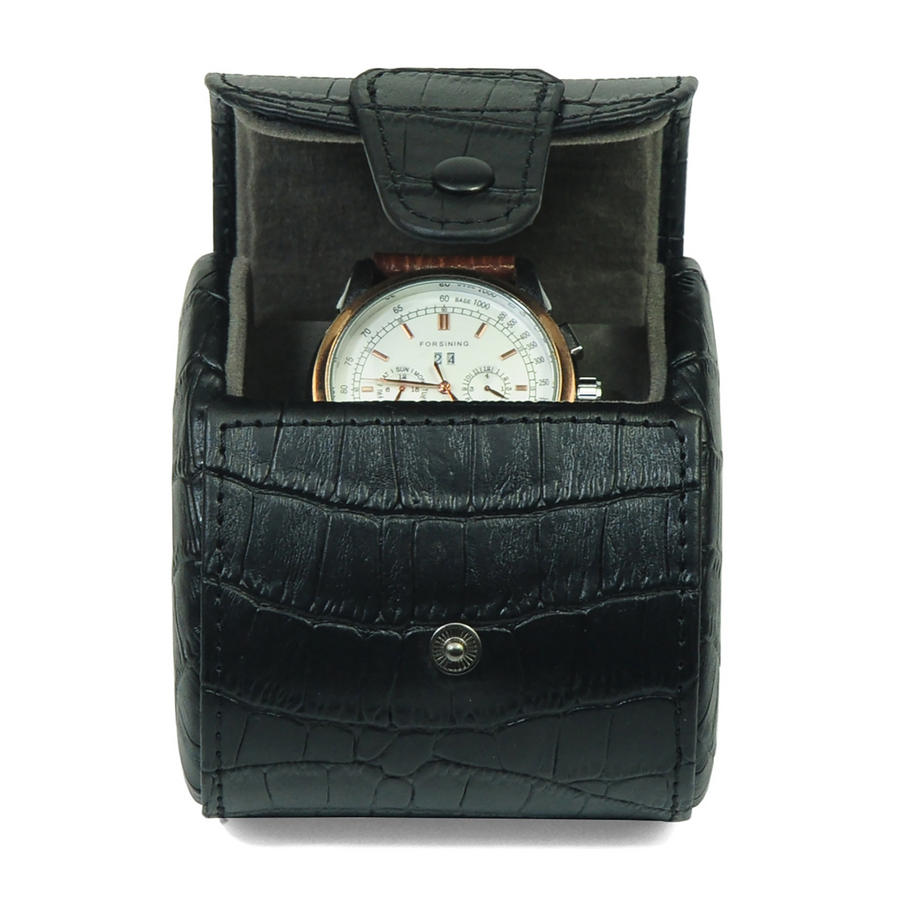 Travel Watch Roll Case for 1 in Black Genuine Leather