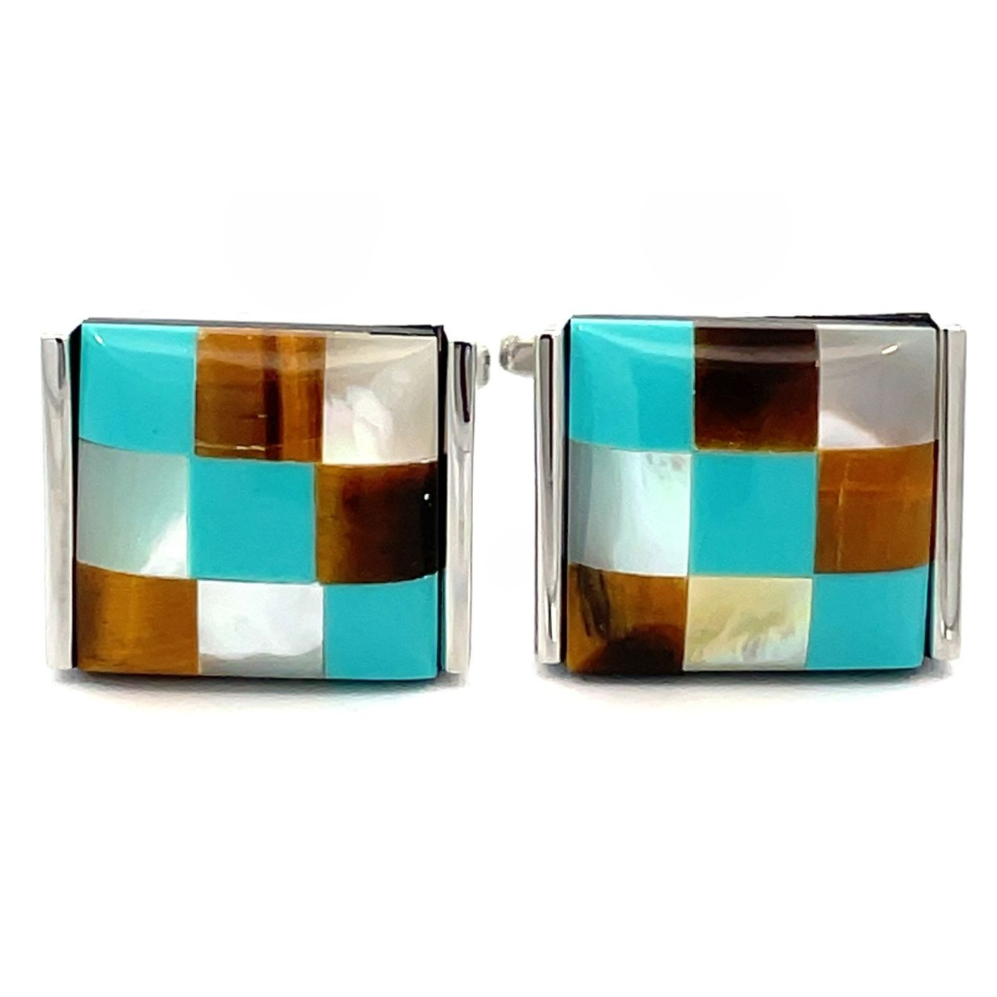 Patchwork Catseye Cufflinks: Brown, AquaWhite