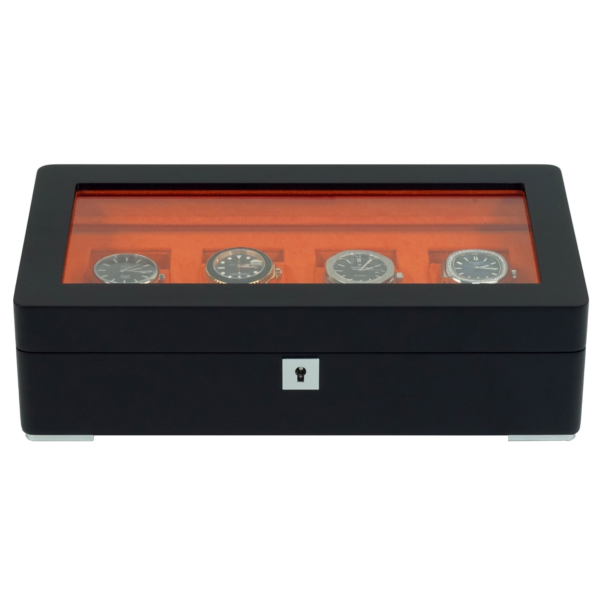 4 Slot Black Wooden Watch Box with Orange Interior