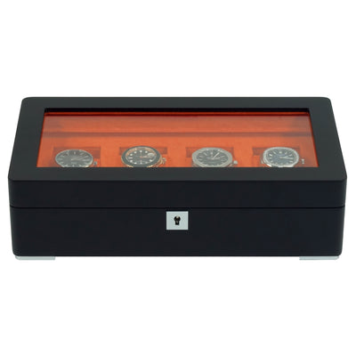4 Slot Black Wooden Watch Box with Orange Interior