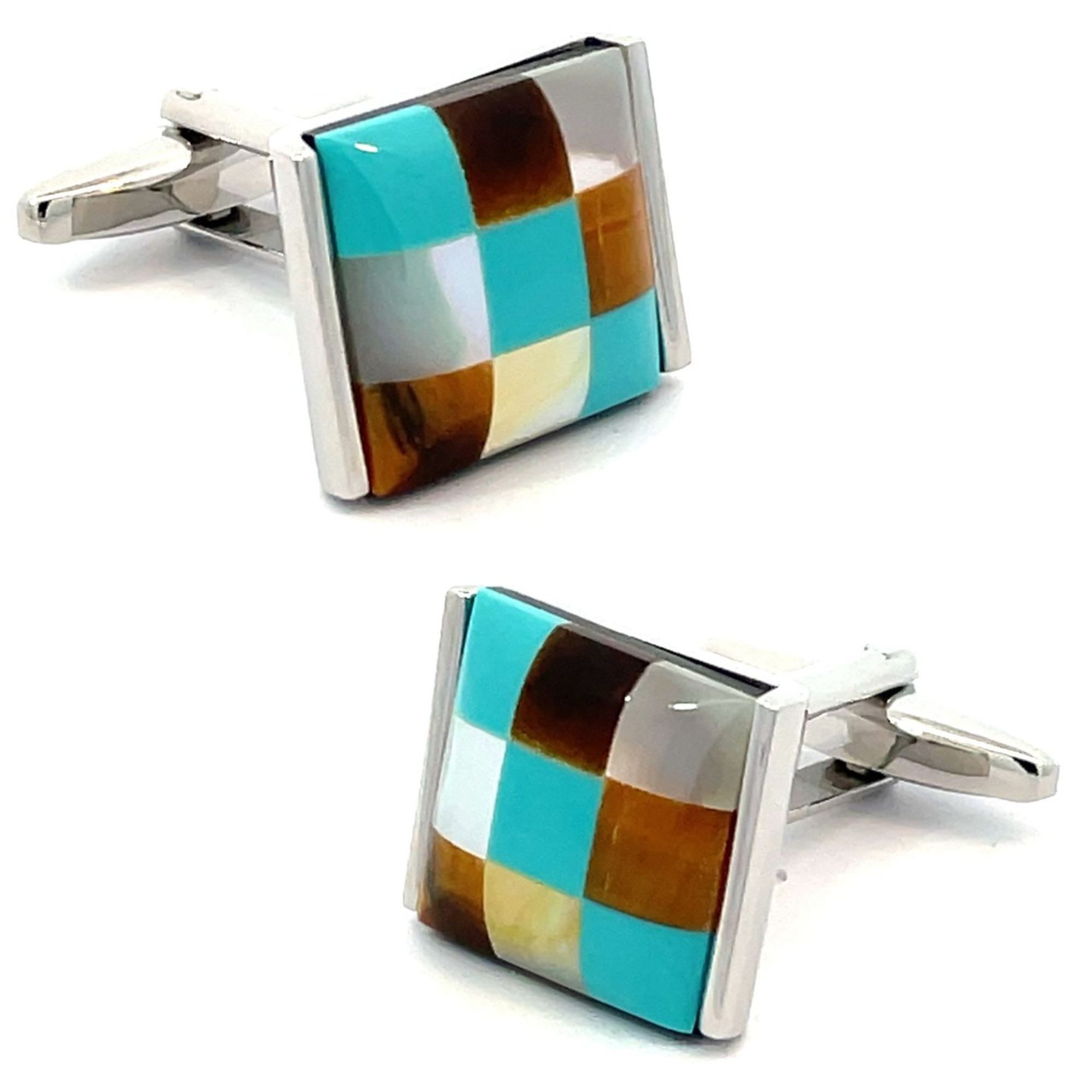 Patchwork Catseye Cufflinks: Brown, AquaWhite