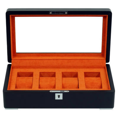 4 Slot Black Wooden Watch Box with Orange Interior