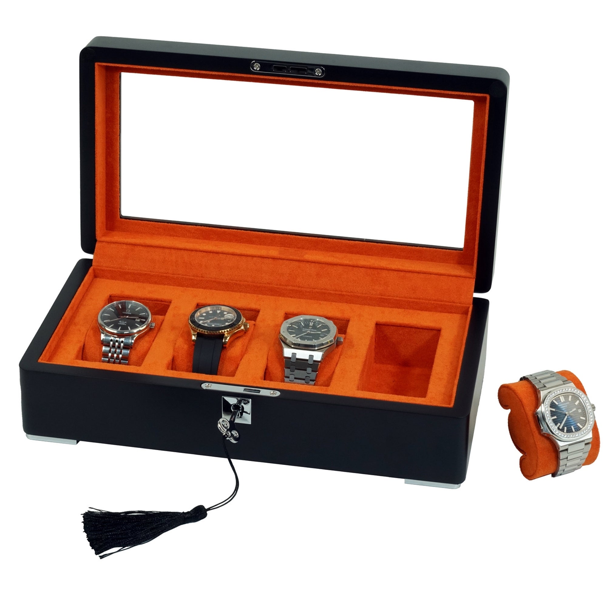 4 Slot Black Wooden Watch Box with Orange Interior
