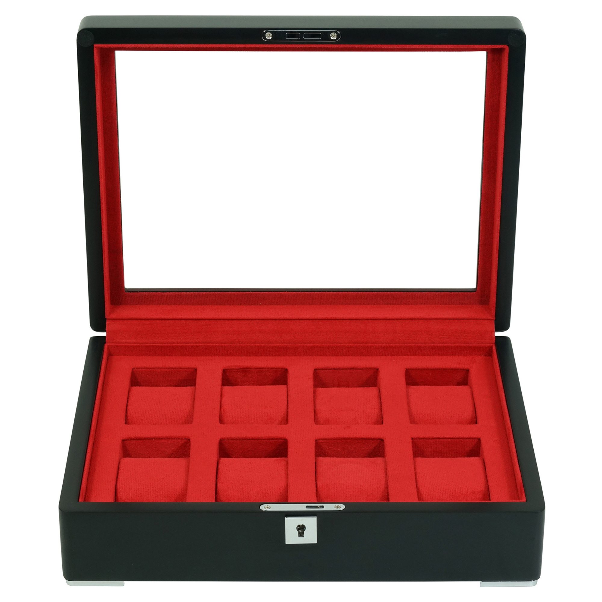 8 Slot Black Wooden Watch Box with Red Interior