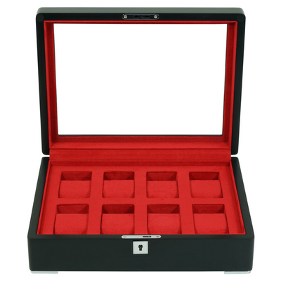 8 Slot Black Wooden Watch Box with Red Interior