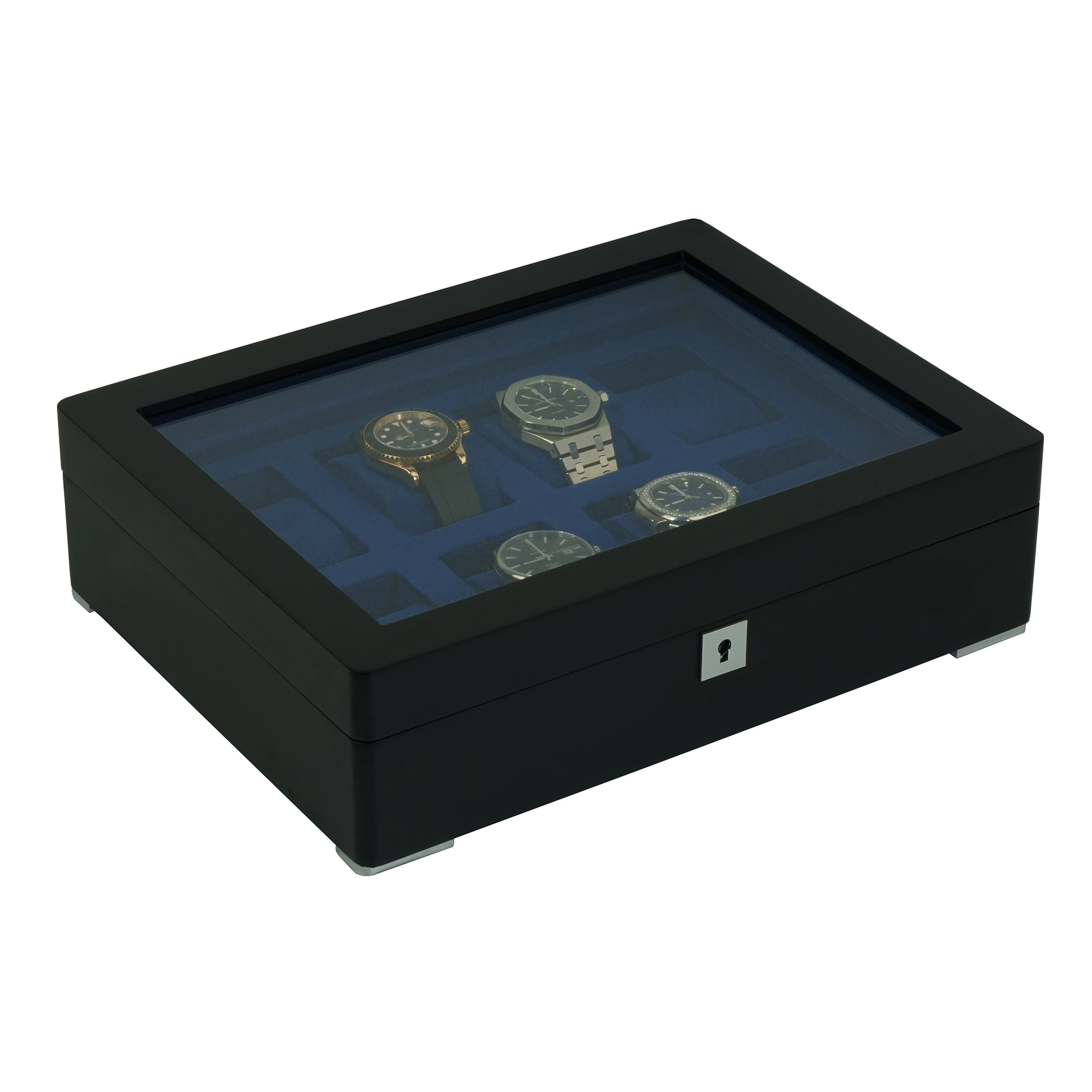 8 Slot Black Wooden Watch Box with Blue Interior