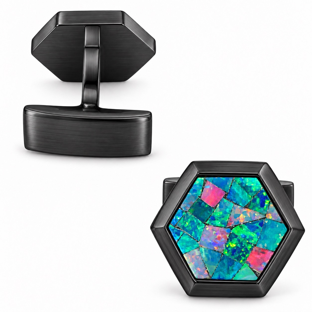 Opal Brushed Black Hex Cufflinks
