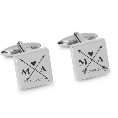 Crossed Arrows with Loveheart, Initials and Date Engraved Cufflinks