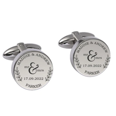 Mr + Mrs Name and Date Engraved Cufflinks