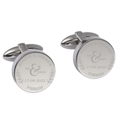 Mr + Mrs Name and Date Engraved Cufflinks