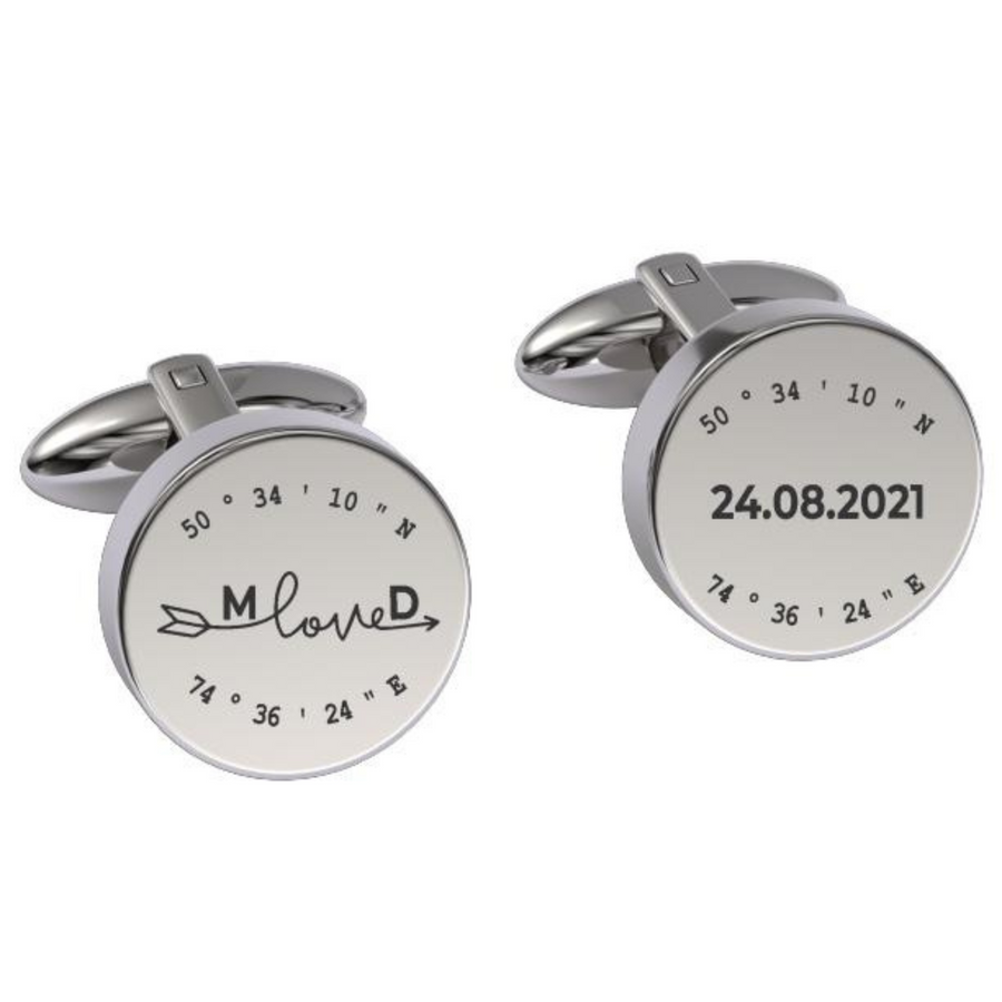 Latitude-Longitude Initials & Date Round Engraved Cufflinks