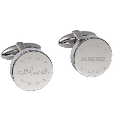 Latitude-Longitude Initials & Date Round Engraved Cufflinks