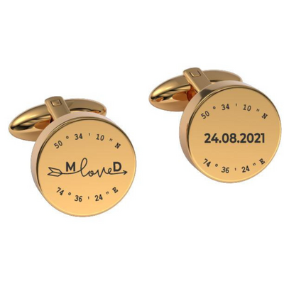 Latitude-Longitude Initials & Date Round Engraved Cufflinks